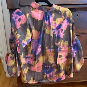 CROSBY by Mollie Burch Pink Yellow Blue Abstract Brushstroke Blouse